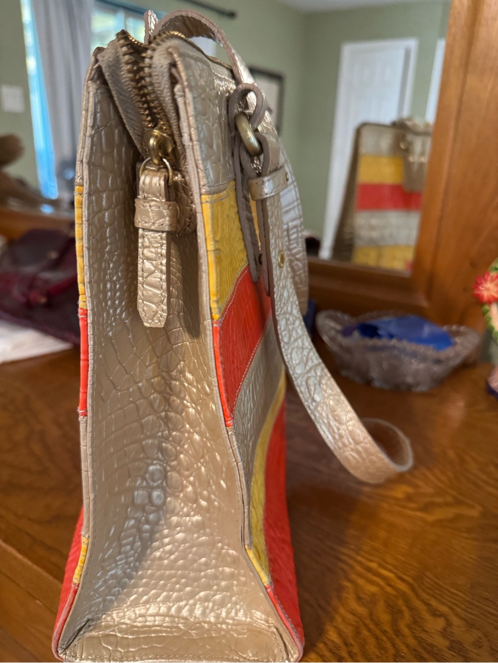 Brahmin Croc-Embossed Striped Bag in Red, Yellow & Taupe - Picture 4 of 11